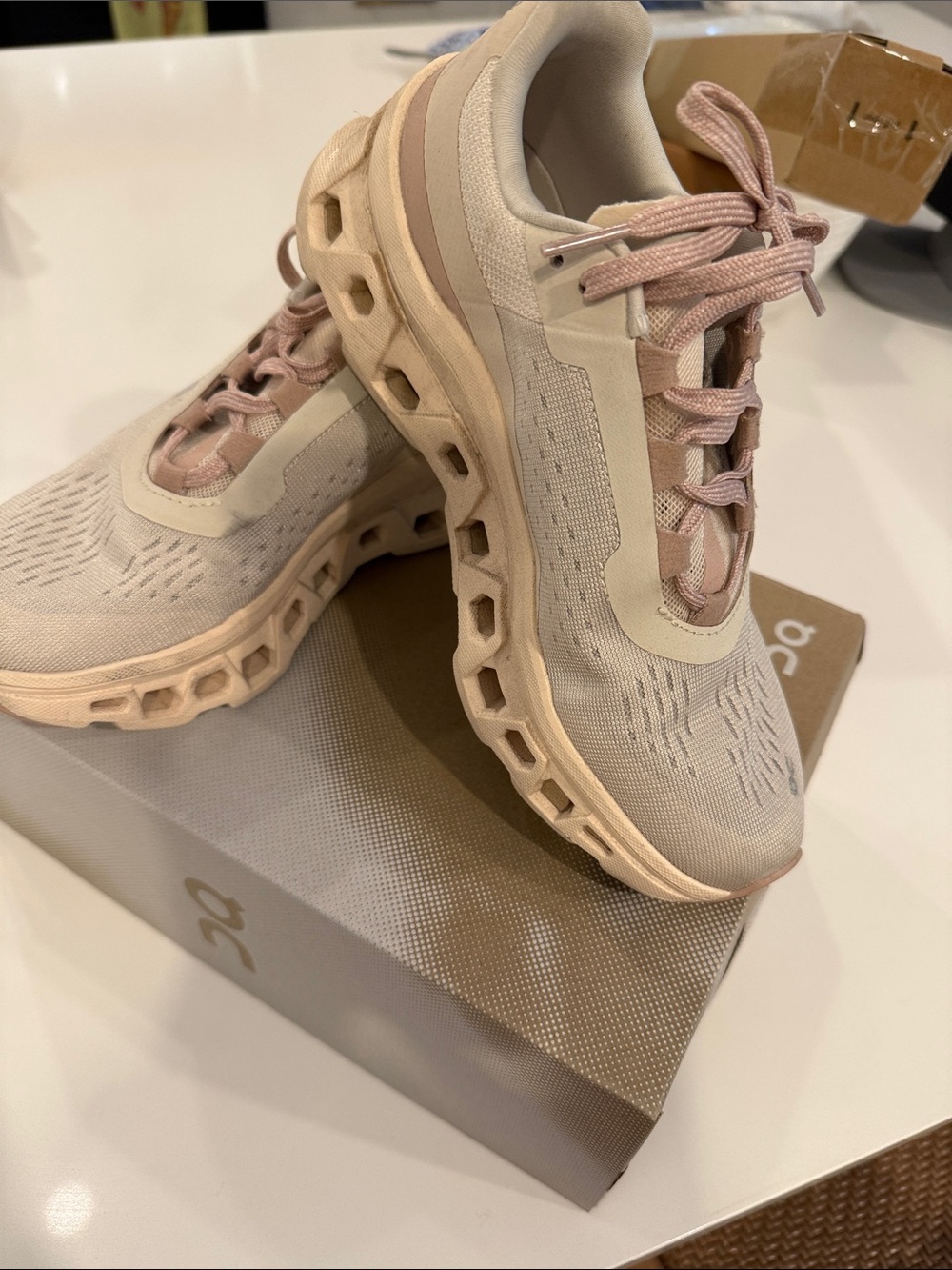 On Cloudmonster Running Women's Sneakers in Beige and Light Pink